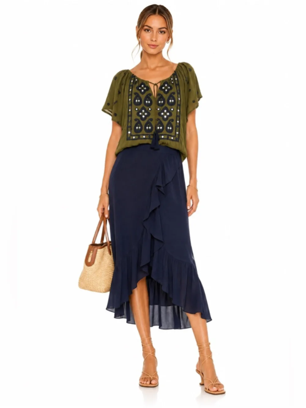 Tory Burch 100% Silk Embroidered Mirror Peasant Blouse Olive Green Boho Festival